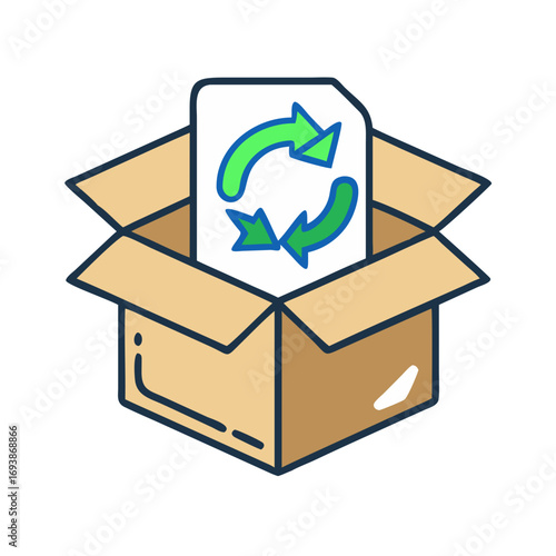 Recycling Concept: Open Cardboard Box with Recycle Symbol Paper Isolated on Black