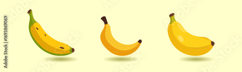 Three cartoon bananas in varying stages of ripeness, from slightly green to fully yellow, are displayed against a pale background, showing freshness and nutritional value.