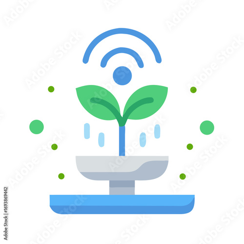Smart Agriculture Icon Depicting Plant with Wireless Signal on Black Background