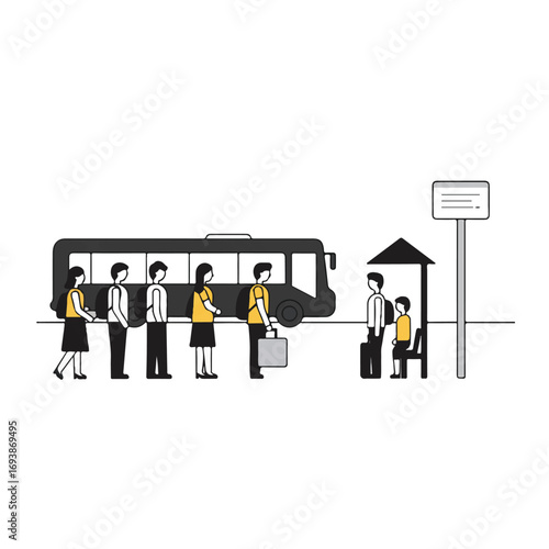 A bright flat 2D vector illustration shows people patiently waiting at a bus stop as a public bus approaches, against a clean white background, depicting urban transportation and daily routine.