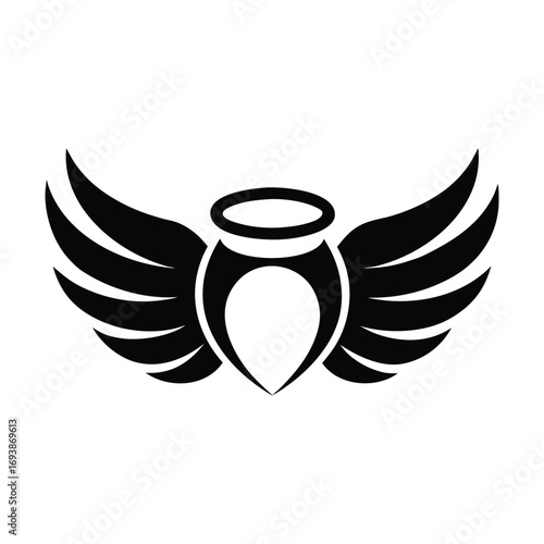 Stylized black silhouette of an angelic urn with wings and halo symbolizing eternal rest peace and remembrance