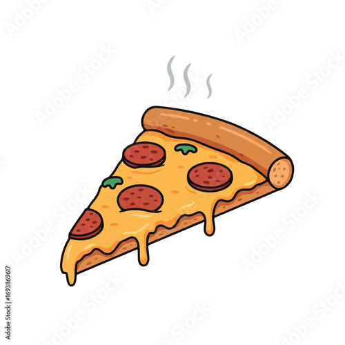 A delicious single slice of pepperoni pizza featuring melted cheese and a crispy crust, with subtle steam rising, depicted in a clean and simplified flat 2D vector illustration on a white background.