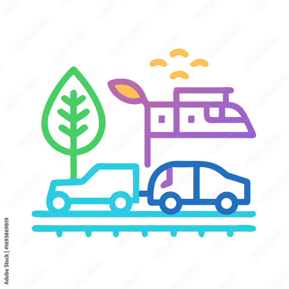 Fototapeta premium Vector Illustration of Car, Train, and Tree for Eco-Friendly Transportation Theme