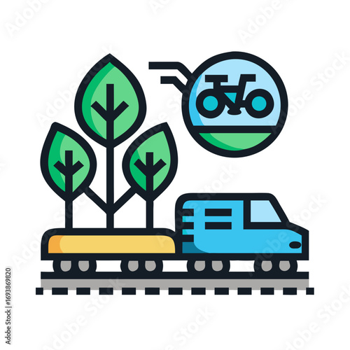 Sustainable transport concept with train carring trees and bicycle share symbol