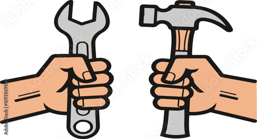 Cartoon Style Hand Holding Wrench and Hammer Labor Repair Icon