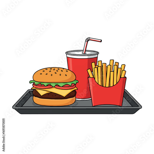 A juicy cheeseburger, golden french fries, and a fizzy soda drink are neatly arranged on a tray in a clean, simplified flat 2D vector illustration against a pristine white background.