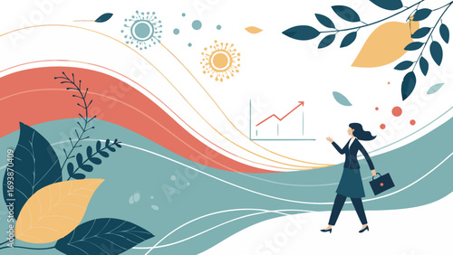 Businesswoman Walking Towards Rising Financial Graph.