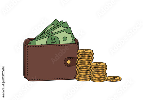 Leather wallet filled with currency accompanied by stacks of golden coins representing financial wealth and savings