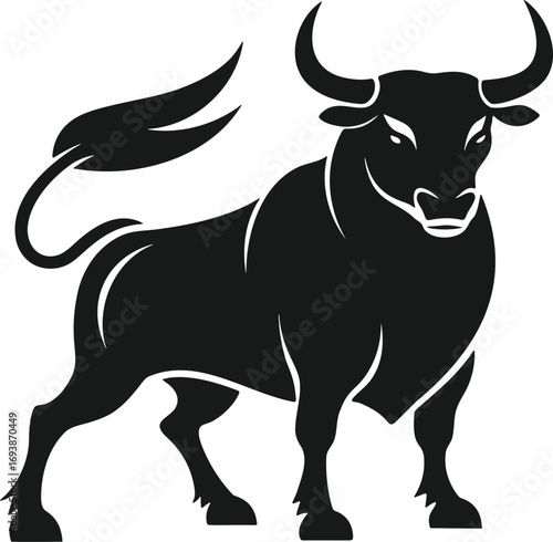 Silhouette of a charging bull with lowered horns.