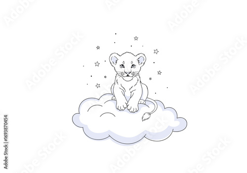 Adorable white lion cub sitting comfortably on a fluffy cloud surrounded by sparkling stars