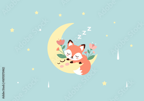 Adorable sleeping fox cub resting on a crescent moon surrounded by flowers and stars with gentle raindrops falling