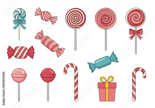 A collection of sweet candies and lollipops including wrapped candies and festive treats