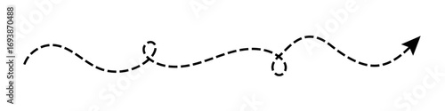 Hand-drawn dashed line path arrow icon with a winding. Simple black vector arrow icon with curves and loops, perfect for illustrating a route, journey, or direction in a minimalist style