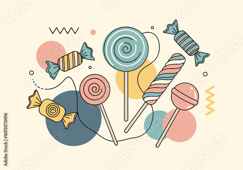 A colorful collection of swirl lollipops and wrapped candies scattered on a cream background