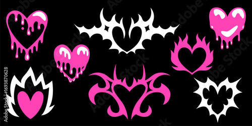 Y2k gothic heart collection with melting neon silhouettes, tribal wings and flames for alternative design. Geometric shape, dripping paint effect and pink acid accents. Emo punk aesthetic icons set