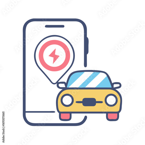 Electric car charging point locator app on smartphone with vehicle illustration