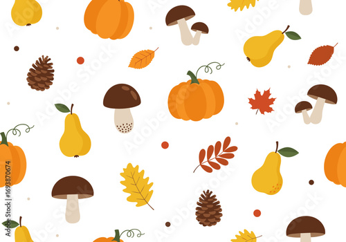 Autumn harvest collection featuring pumpkins pears mushrooms pinecones and falling leaves for seasonal decorations
