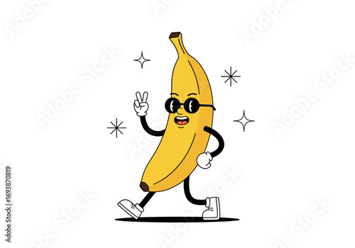 Groovy banana character dancing and making peace sign with sunglasses and sparkles