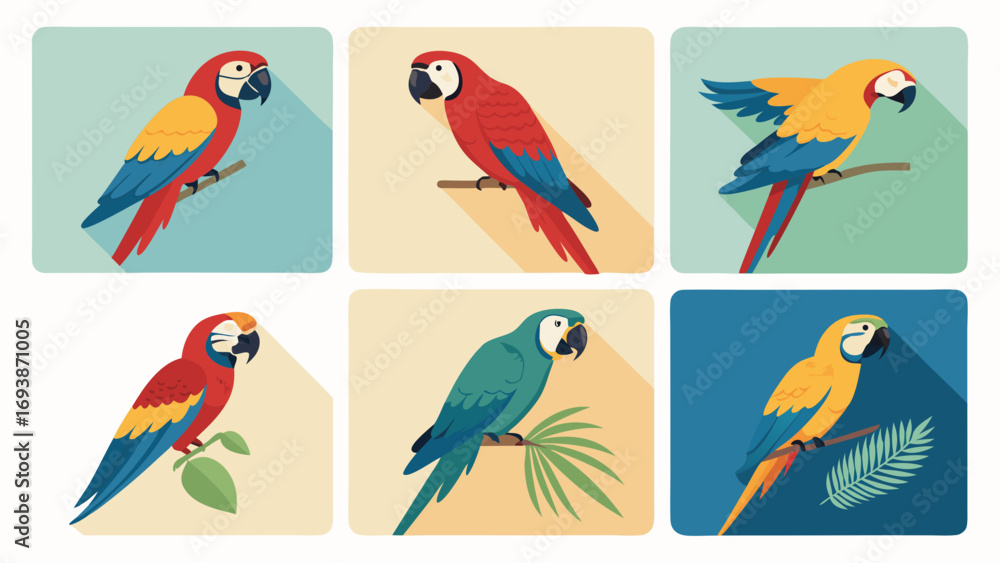 Fototapeta premium Colorful Macaw Parrots Perched on Branches Vector Illustration 1.