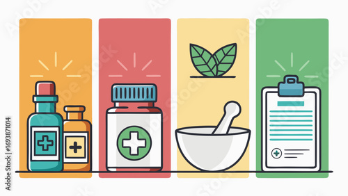 Colorful Medical Icons Representing Healthcare and Pharmacy.
