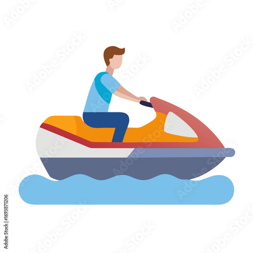Person riding a jet ski on wavy sea in flat illustration style on black background