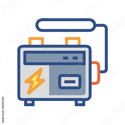 Isolated electric generator with lightning bolt on black background in cartoonish flat style