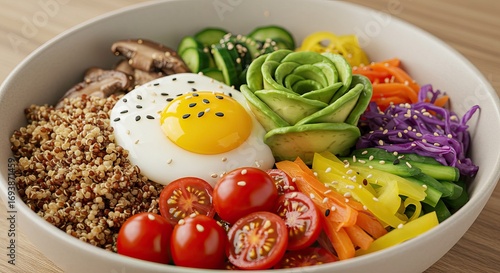 A vibrant bowl of grains vegetables and a fried egg garnished with sesame seeds