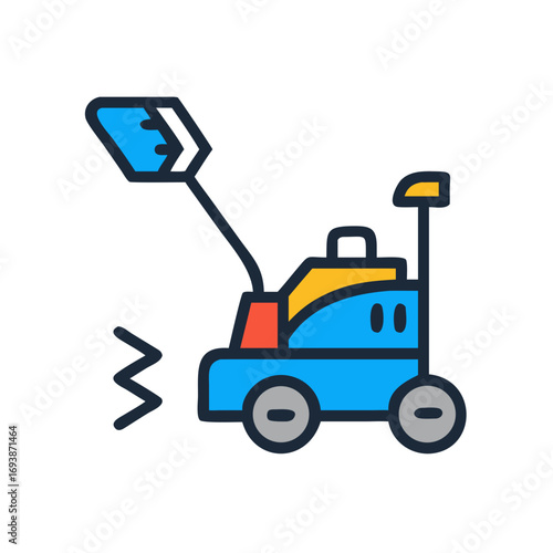 Illustration of a stylized blue snowblower with vibrant colors on a dark background