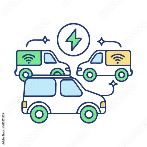 Electric vehicle fleet concept image featuring connected and charging vans in a modern design