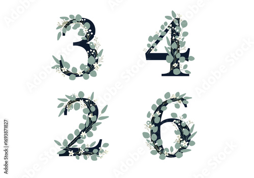 Beautiful floral numbers decorated with green leaves and tiny white flowers elegant design elements for invitations and decorations