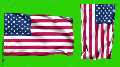 USA Flag Waving Green Screen Video Animation Isolated on Chroma Key Background
