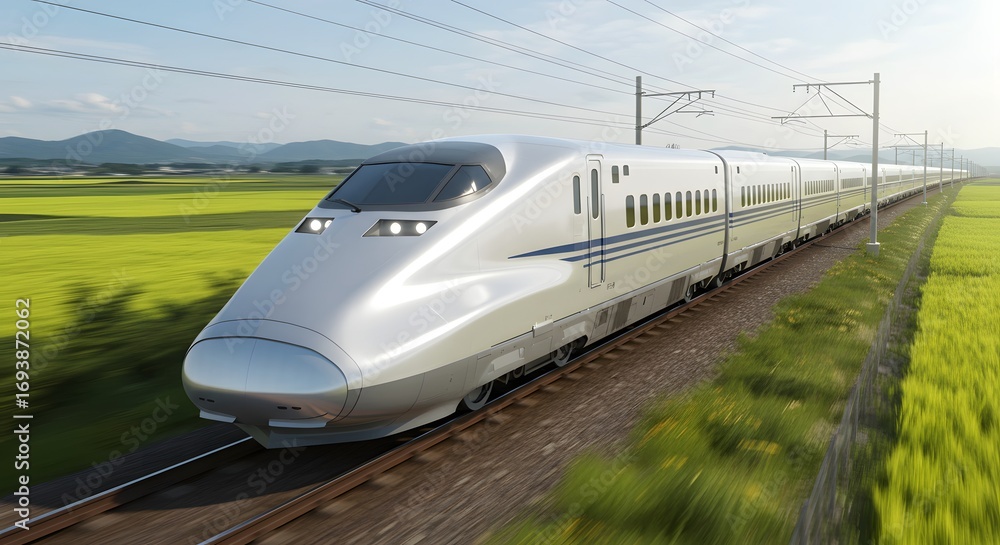 Naklejka premium High-Speed Bullet Train in Countryside – Modern Railway Transportation