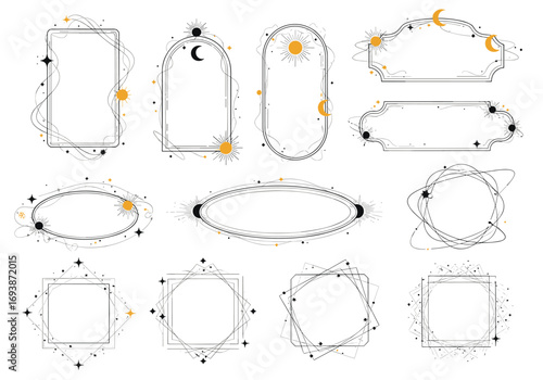 Celestial borders and frames collection featuring stars moons sun elements for mystical design projects