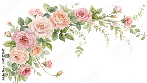 Elegant watercolor painting of pink roses, showcasing delicate petals and soft hues, isolated on white background