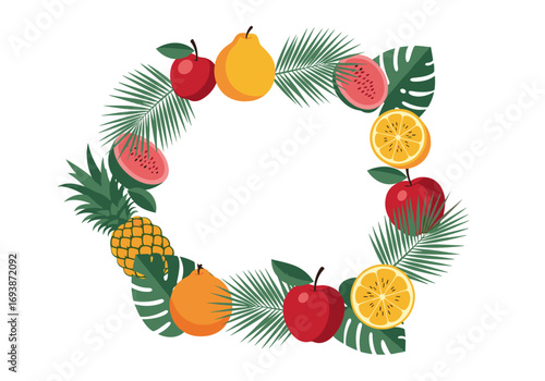 Tropical fruit wreath design featuring pineapple apple watermelon orange pear and lush greenery for summer celebration