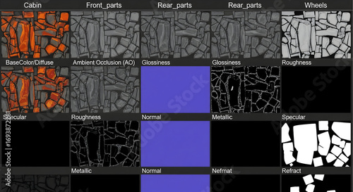 Detailed 3D model texture maps for game asset creation, showcasing different material properties.