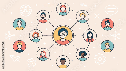 Network of Diverse People Connected in Circles.