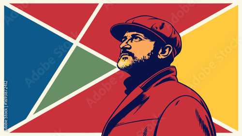 Retro Portrait of a Bearded Man Looking Upward.