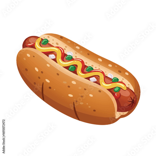 A vibrant 2D flat vector illustration presents a gourmet hot dog in a bun, topped with yellow mustard, red ketchup, and finely chopped onions, ready to eat on a white background.