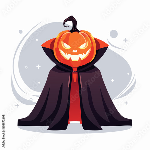 A grinning jack-o'-lantern dons a dark vampire cape for Halloween.