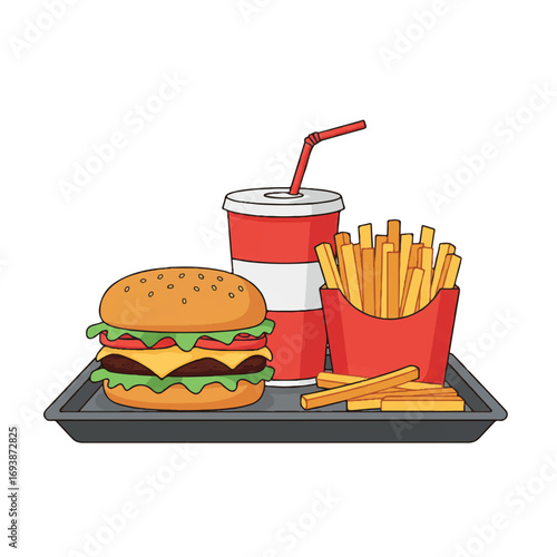 Classic cheeseburger with golden french fries and a refreshing fizzy soda, presented as a vibrant 2D flat vector illustration on a clean white background, depicting a simplified fast food meal.