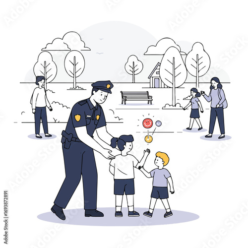 A vibrant flat 2D vector illustration depicts a compassionate police officer assisting a lost young child in a safe community park, with a relieved parent quickly approaching.