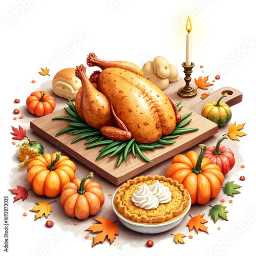 Festive thanksgiving feast with turkey pumpkins and candle light