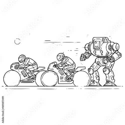 Get ready for the future of speed and power two riders and a robot ready to roll into tomorrow share if you agree