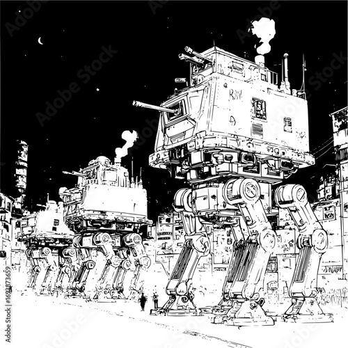 Unleash your inner rebel with this epic artwork of futuristic walkers patrolling a dystopian urban landscape