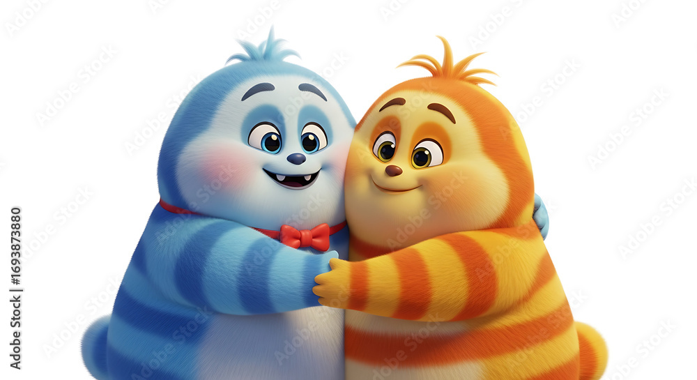Obraz premium Two cartoon characters, one blue and one orange, hugging and smiling against a white background.