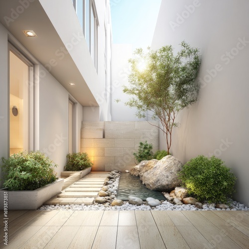 Tranquil Zen garden courtyard nestled within a modern white building.
