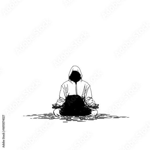 Find your inner peace: a hooded figure meditates in the void, seeking balance and tranquility in the darkness