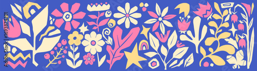 Playful boho organic cut out design with flowers, leaves and abstract shapes - pastel botanical elements on blue background. Folk art style graphics for textile patterns or decorative wall art.