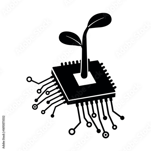 WebEco Technology Concept – Microchip with Growing Plant Silhouette | グリーンテクノロジー 芽とマイクロチップ シルエット